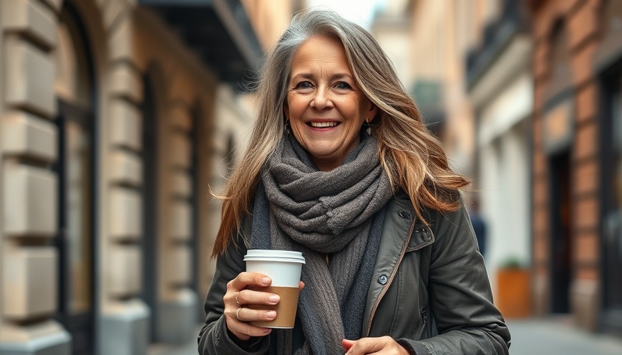 Mature woman enjoying coffee on a city street, sex after menopause concept