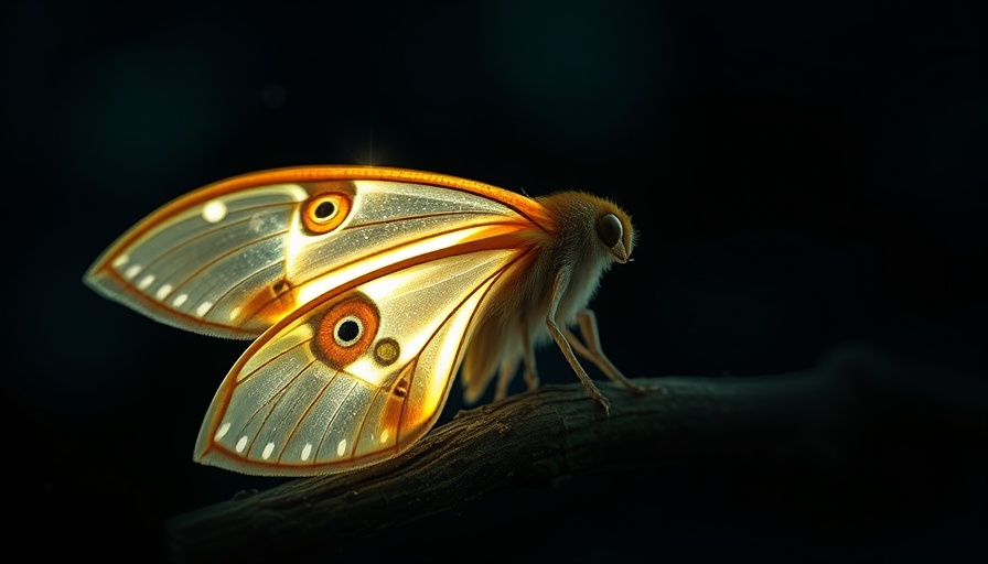 Moth on tree branch with glowing wings at night, illustrating nocturnal pollination success.