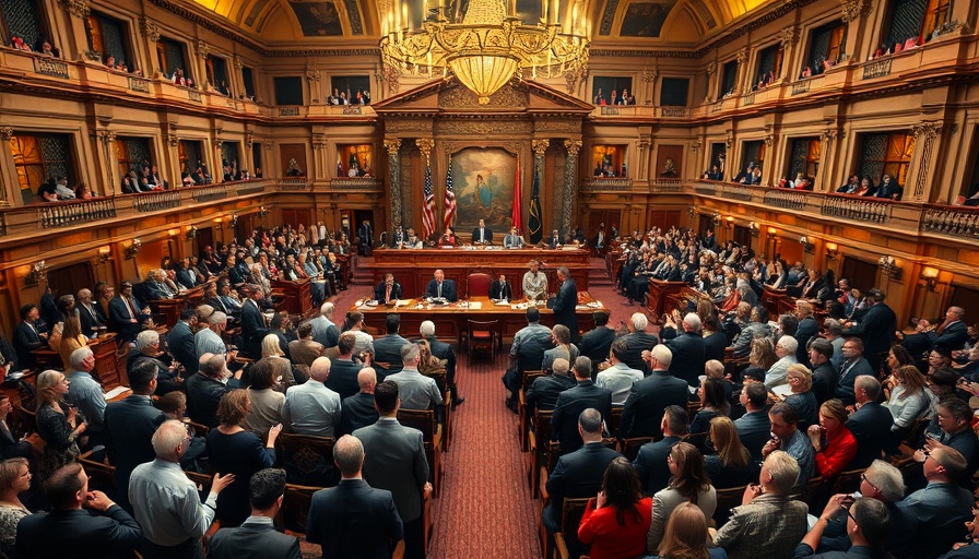 Legislative assembly discussing AI regulation and state sovereignty, ornate hall.