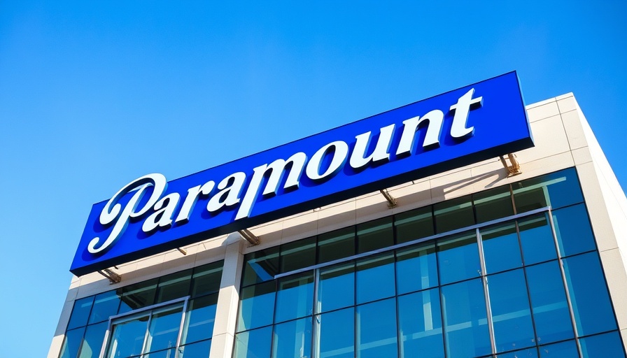 Paramount logo atop building under blue sky.