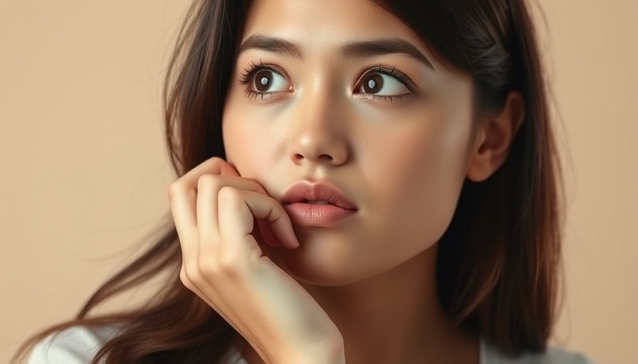 Close-up of a young woman managing anger at her skin, thoughtful expression.