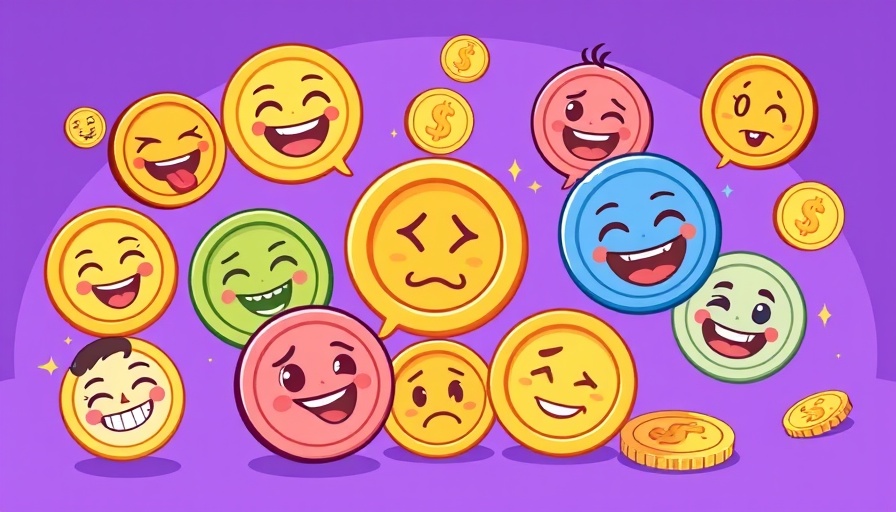 Colorful cartoon meme coins with playful expressions on a purple background.