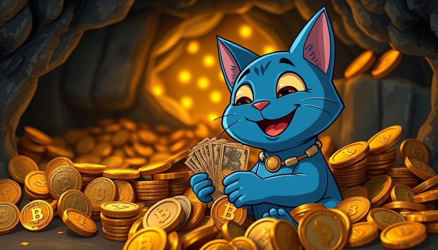 Cartoon blue cat with meme coins in treasure cave, trending meme coins.