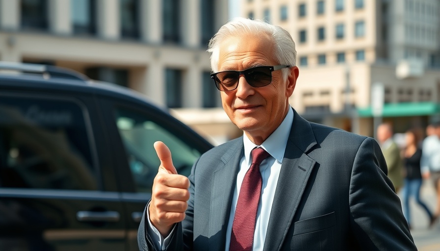 Confident man in a suit and sunglasses gives thumbs up near a vehicle.