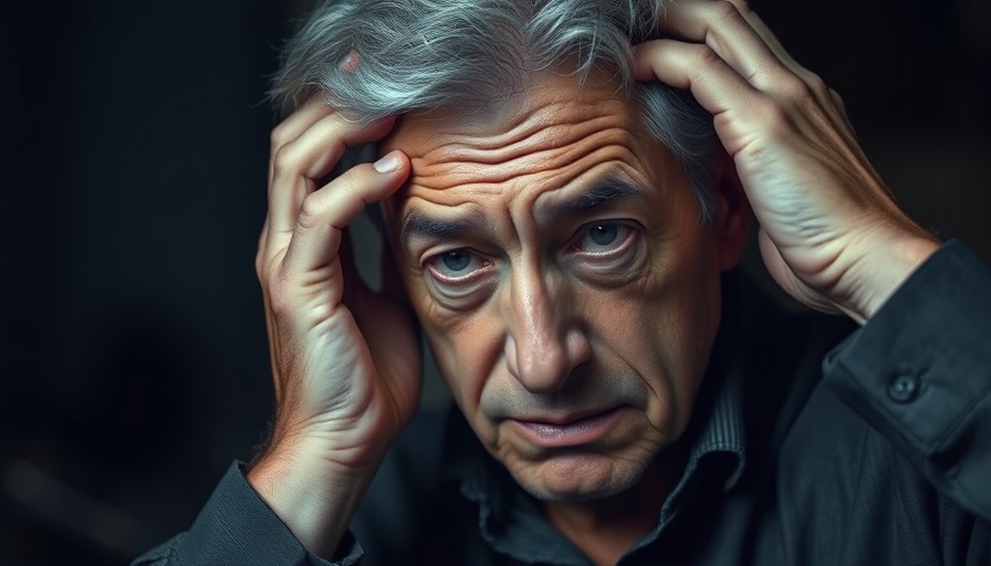 Frustrated older man dealing with mini-stroke consequences, holding head in low light.