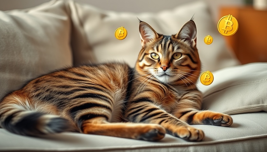 Majestic tabby cat with floating cryptocurrency symbols, cozy setting, maximize passive income.