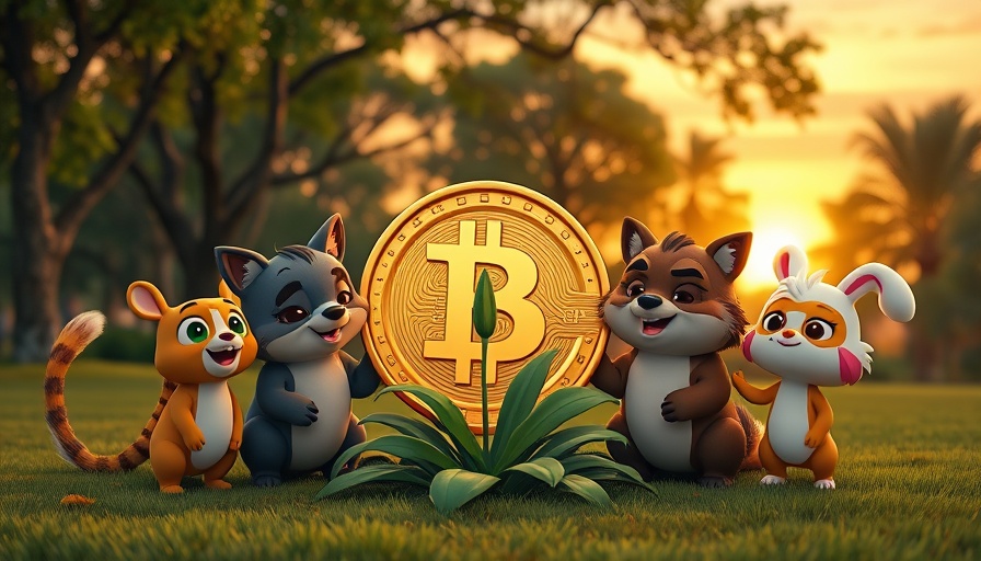 Cartoon characters representing top meme coins gather in a park with a coin plant.