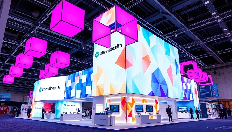 Athenahealth trade show booth with bright geometric design.