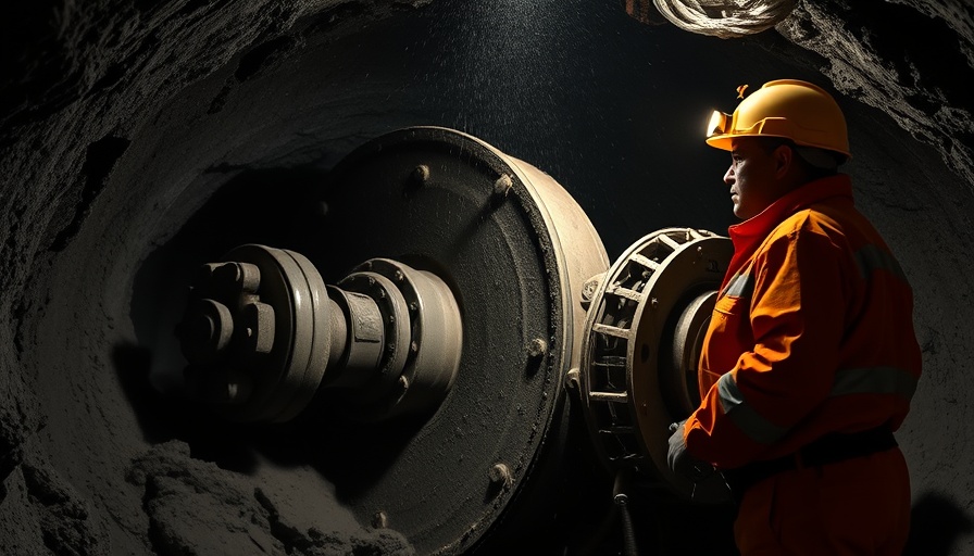 Coal miner wearing orange safety gear in underground tunnel with drill machine.