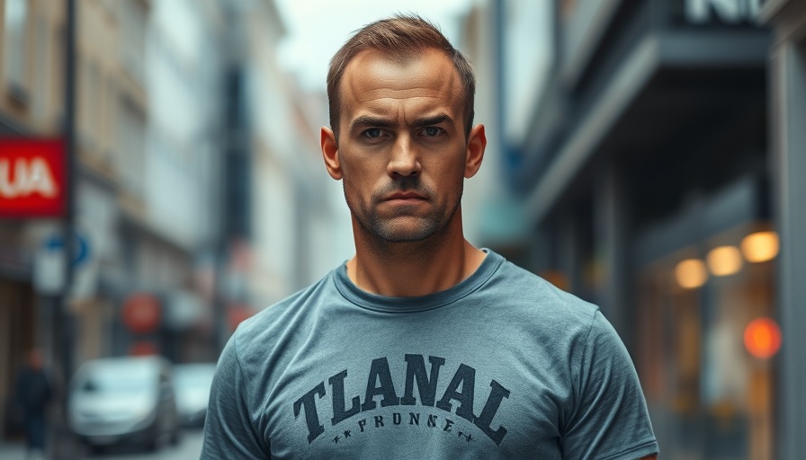 Monevis AI Prop Trading: Man in branded t-shirt looking serious.