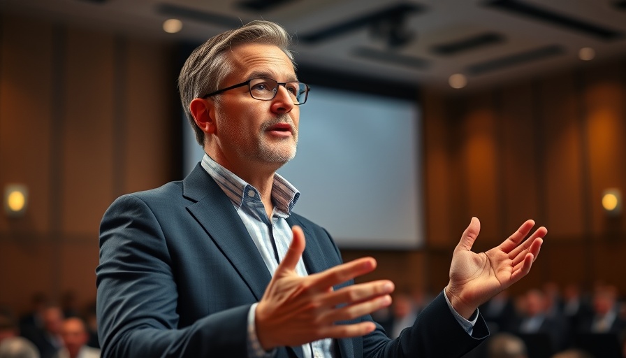 Confident man gesturing during speech at auditorium event.