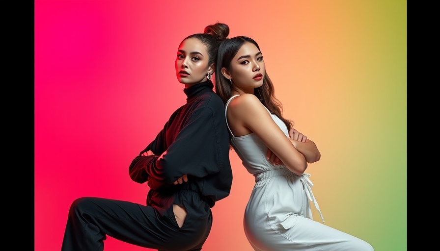 Two women in monochrome outfits against a gradient backdrop, NFTs in Performance Art.