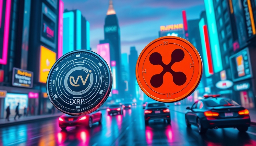Ruvi AI and Ripple XRP coins in vibrant cyberpunk cityscape, showcasing volatility.