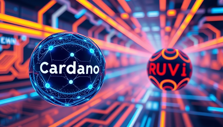 Futuristic digital spheres representing Cardano and Ruvi AI in a neon-lit background.