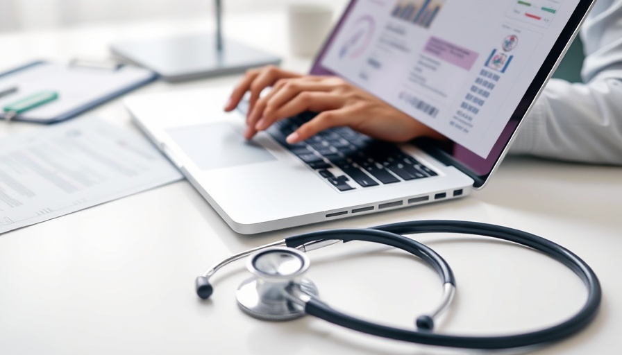 Healthcare technology integration with laptop and stethoscope on desk.