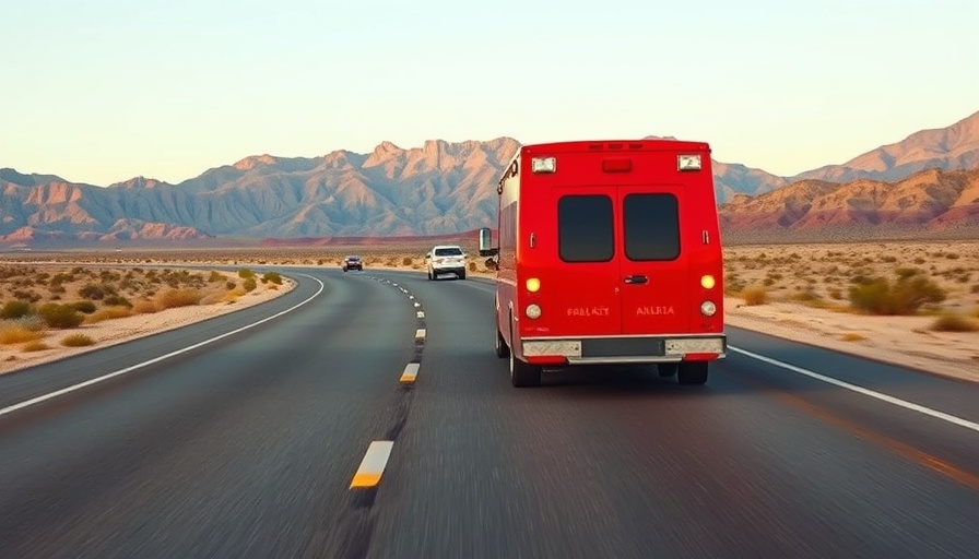 Ambulance on desert highway highlighting hospital violence costs 2023.