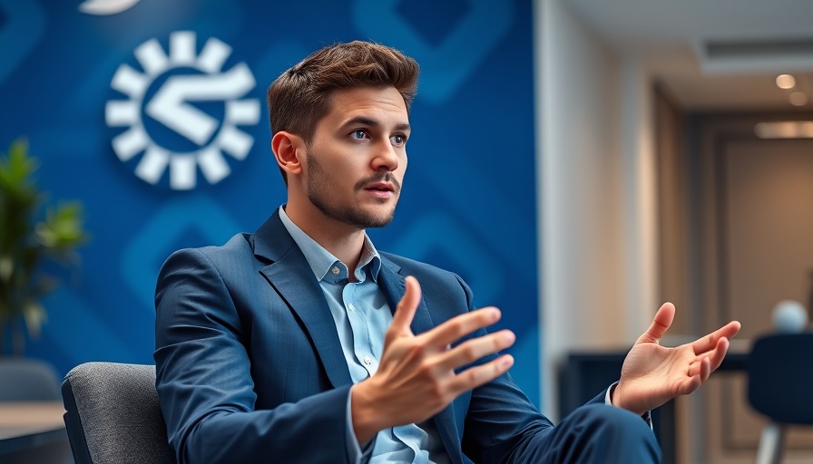 Young businessman discussing AI trading profits in a modern office.