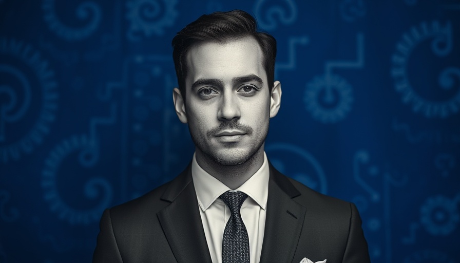 Monochrome portrait of a suited man with abstract blue background.