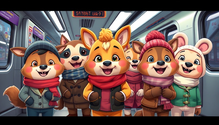Cartoon animals in winter attire in a subway, next memecoin to explode.