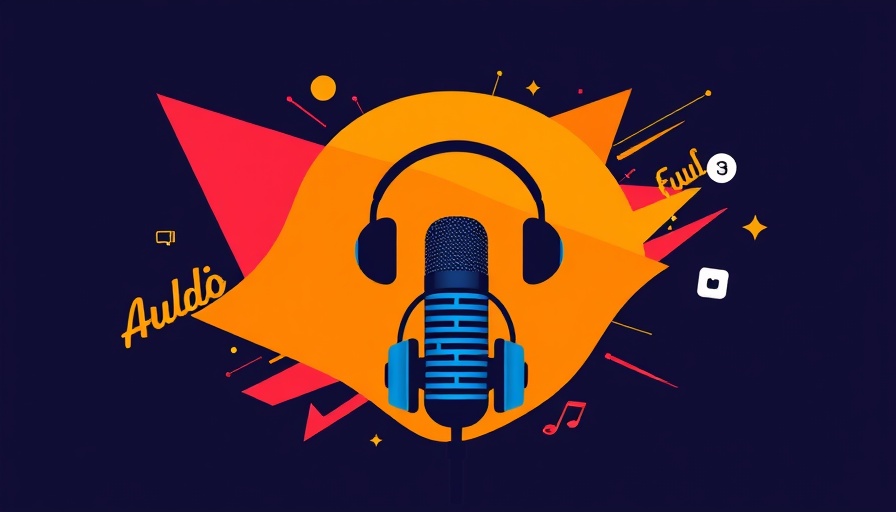 Illustrative podcast theme with audio equipment and digital elements.