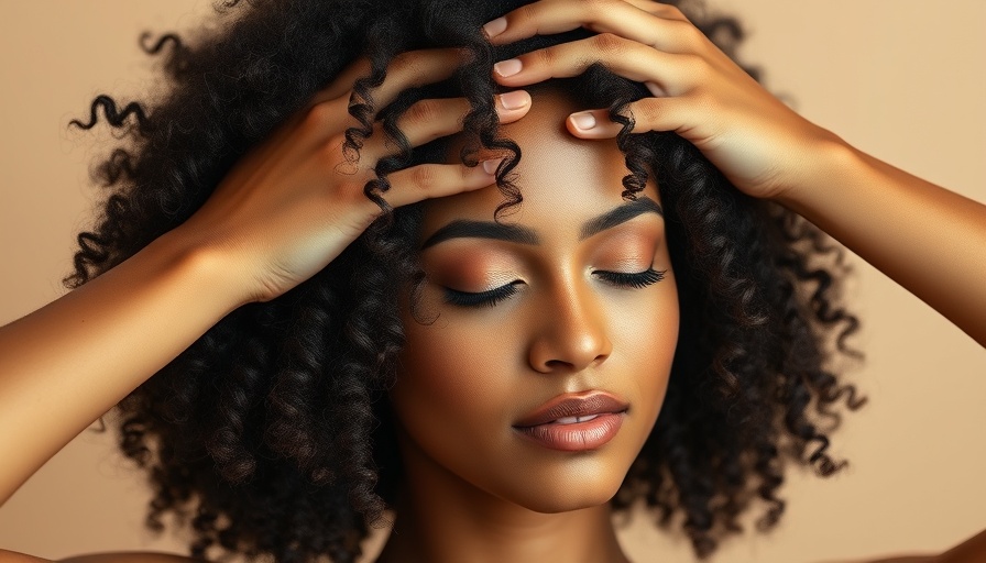 Young woman soothingly massaging scalp, highlighting a scalp care routine.