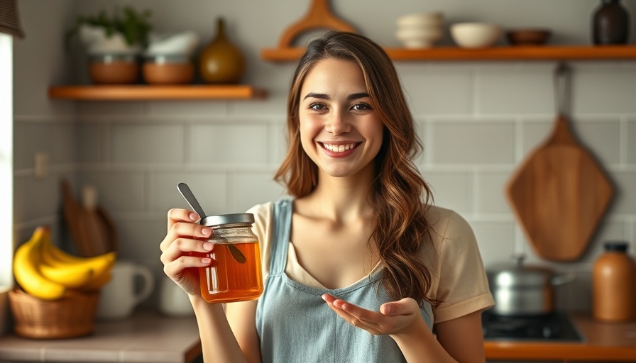 Young woman enjoying honey in kitchen to ward off Alzheimer's.