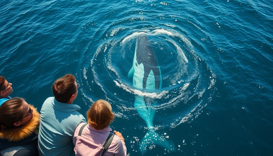 Tourists watch humpback whale bubble ring in ocean.