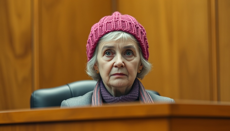 Older woman in pink hat at judge's bench discussing mental health divide.