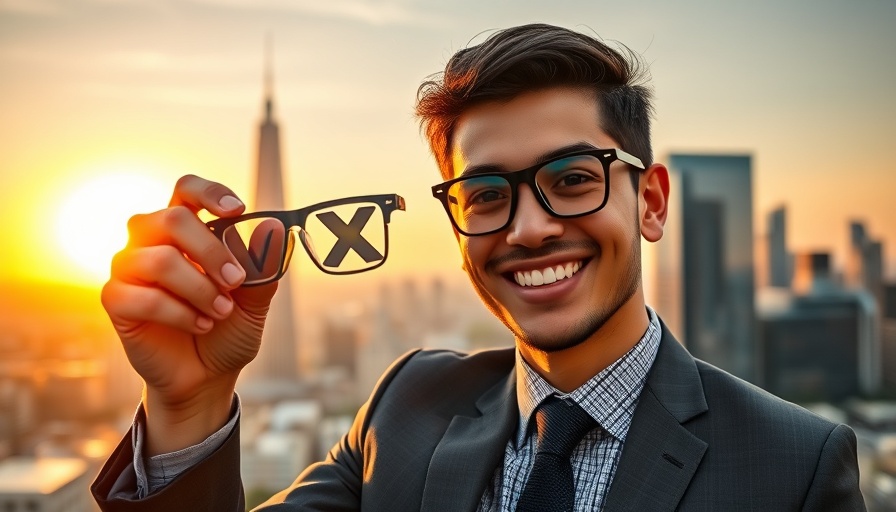 Transparent Future for Digital Investors: Man with VX BANC glasses and cityscape.