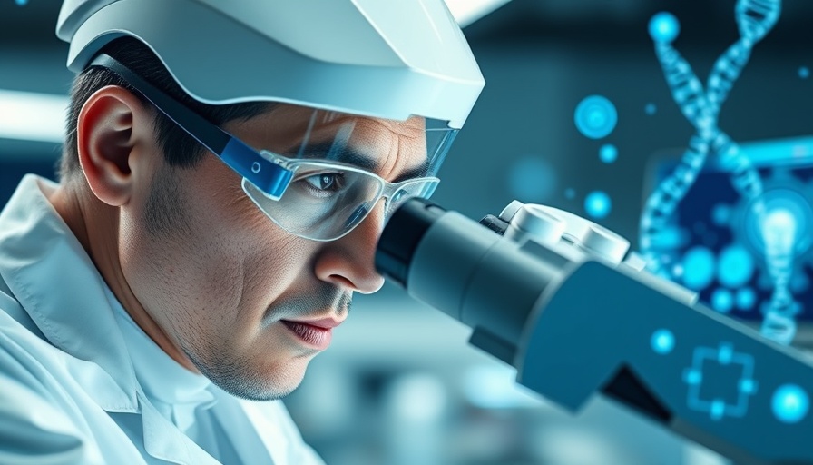AI-driven healthcare solutions: scientist using microscope in futuristic lab.