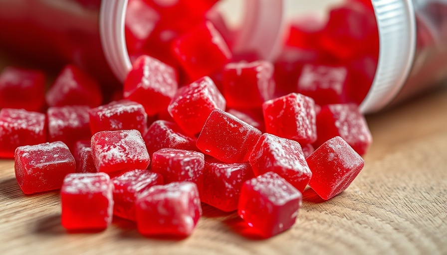 Red gummy candies spilling from a container, depicting risks related to marihuana consumption in adults.