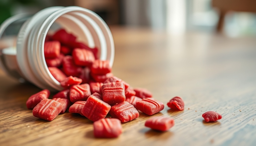 Cannabis edibles spilled from container on wooden table.