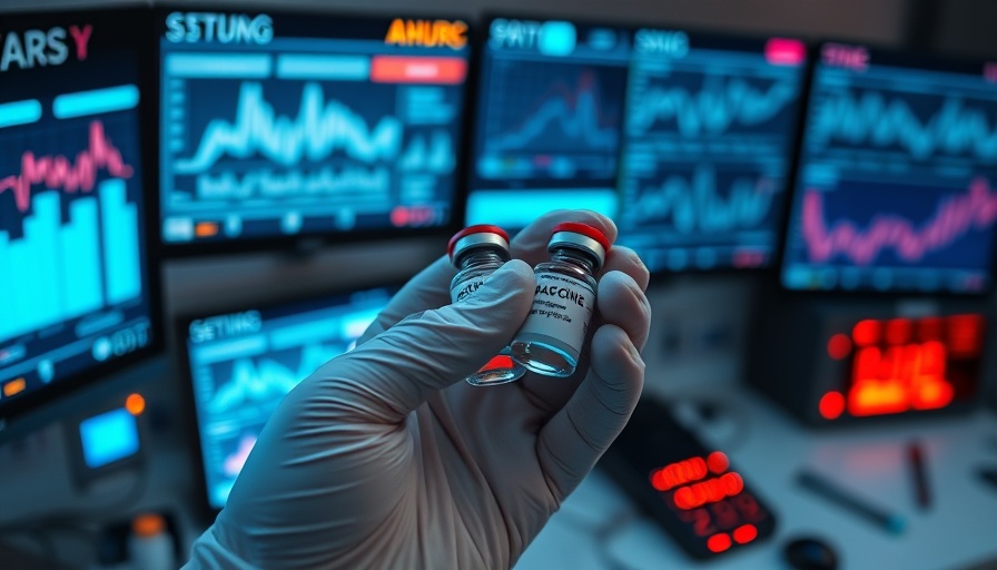 Gloved hand holding vaccine vials near data screens, FDA Recommends Moderna Vaccine for High-Risk Groups.