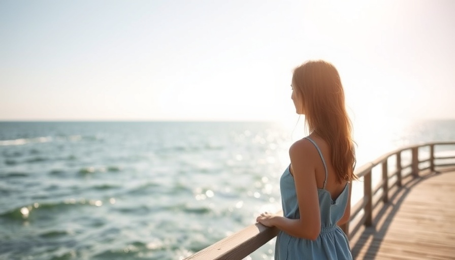 Young woman on boardwalk gazing at the ocean under clear sky.