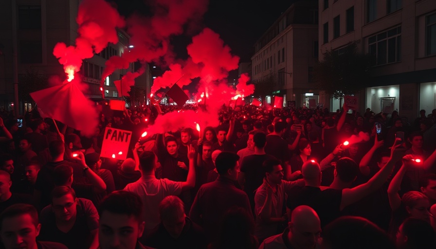 Vivid protest with red flares in Los Angeles.