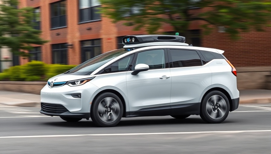 Waymo self-driving car on city street near brick building.