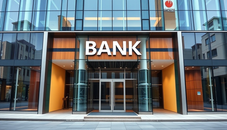 Modern bank building reflecting cityscape, sleek design.