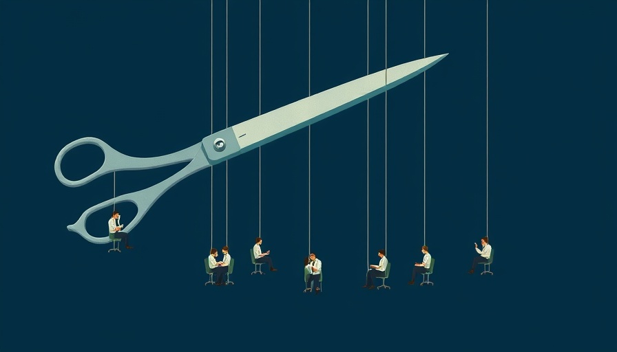 Surreal illustration of job cuts with workers hanging by strings.