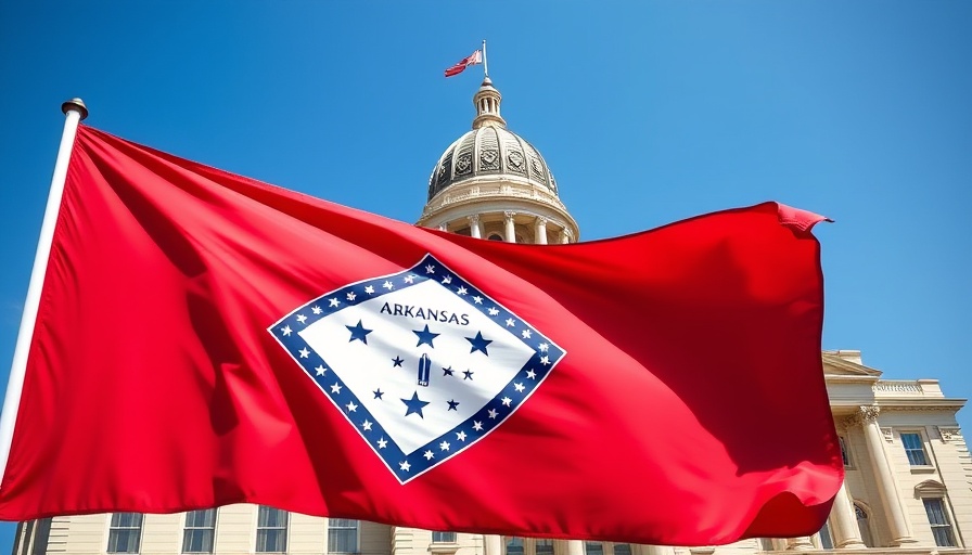Arkansas state flag and capitol building under clear sky.
