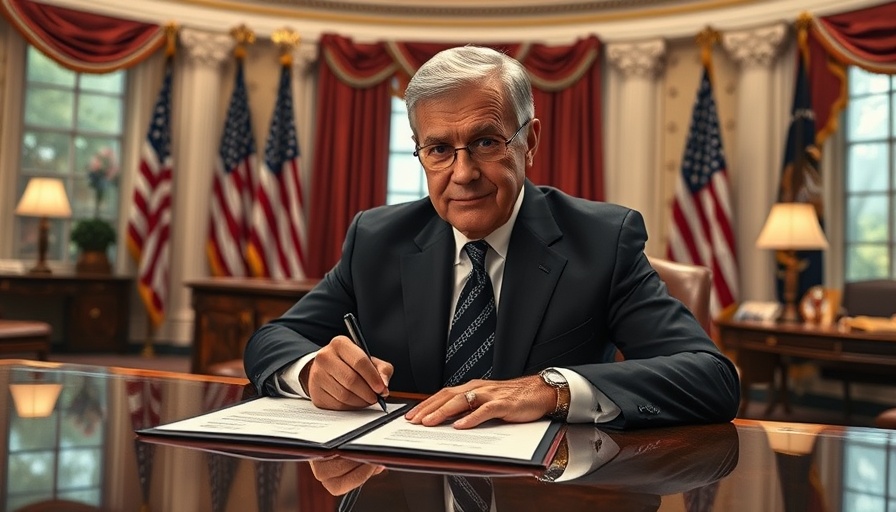 Older male in a suit signing documents in office related to the Trump travel ban targeting 19 nations, flags in background.