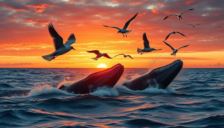 Majestic humpback whales feeding with seagulls; ocean sunset scene.