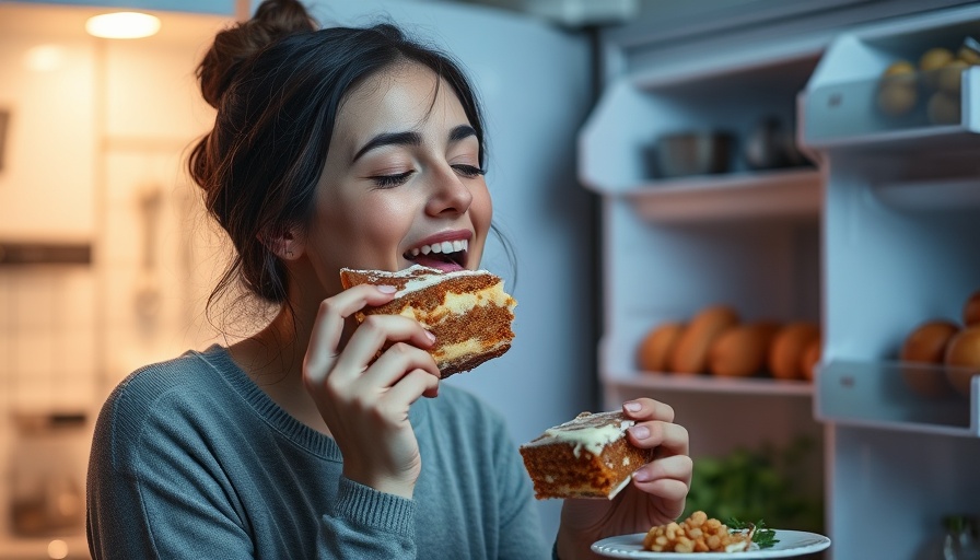 Young woman enjoying cake from fridge, illustrating meal memory neurons concept.