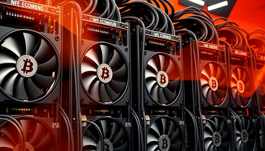 Bitcoin mining rigs in production with fans, vibrant background.