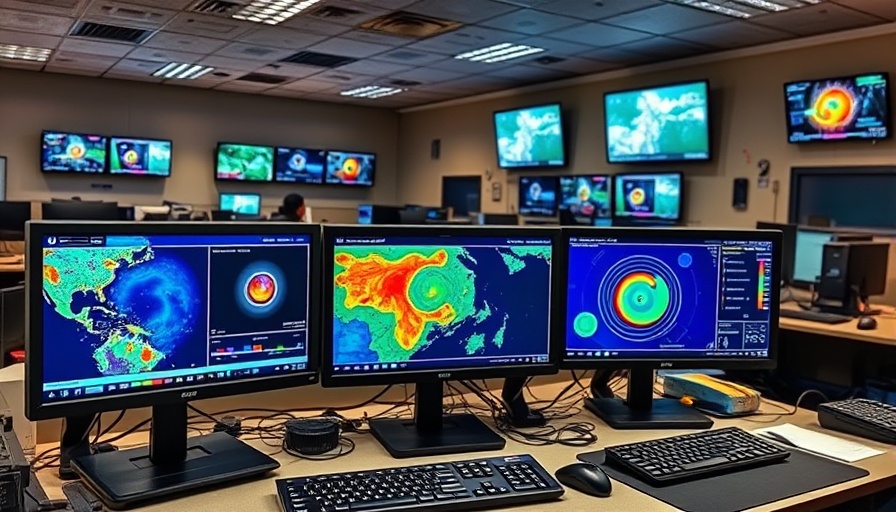 Climate.gov office with meteorological data on monitors, depicting busy workspace.