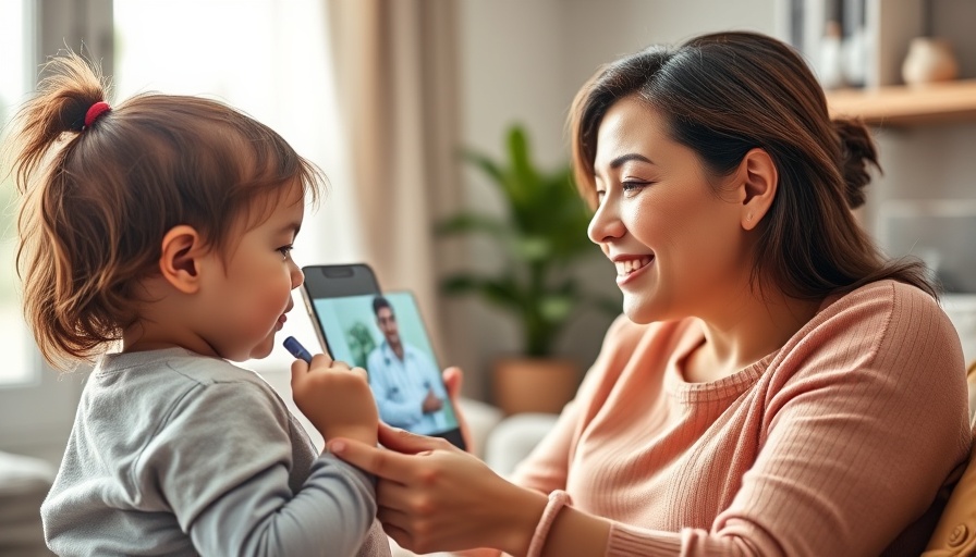 Mother and child using Teladoc for telehealth consultation, cozy home setting.