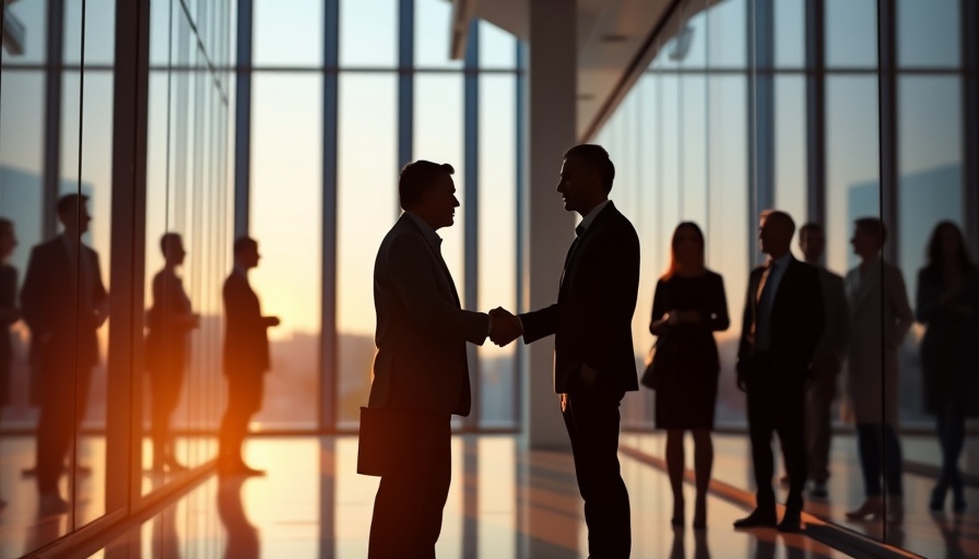Silhouetted professionals shaking hands in office hallway.