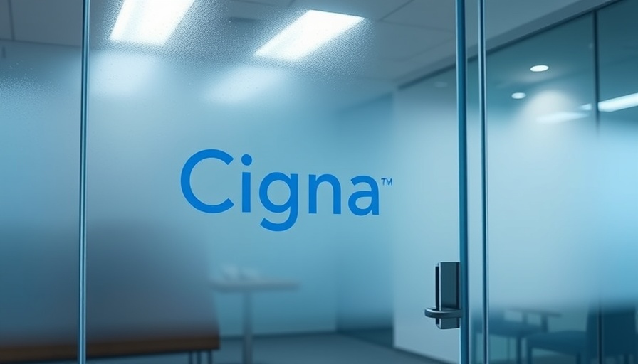 Cigna logo on frosted glass door in a minimalist office setting.