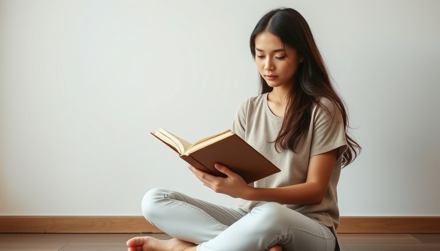 Young woman sitting cross-legged and reading a book indoors, symbolizing focus as human brains are getting bigger.