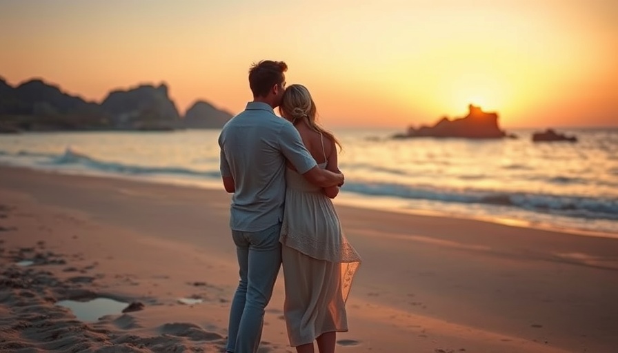 Warm embrace on beach, woman and distant man at sunset.