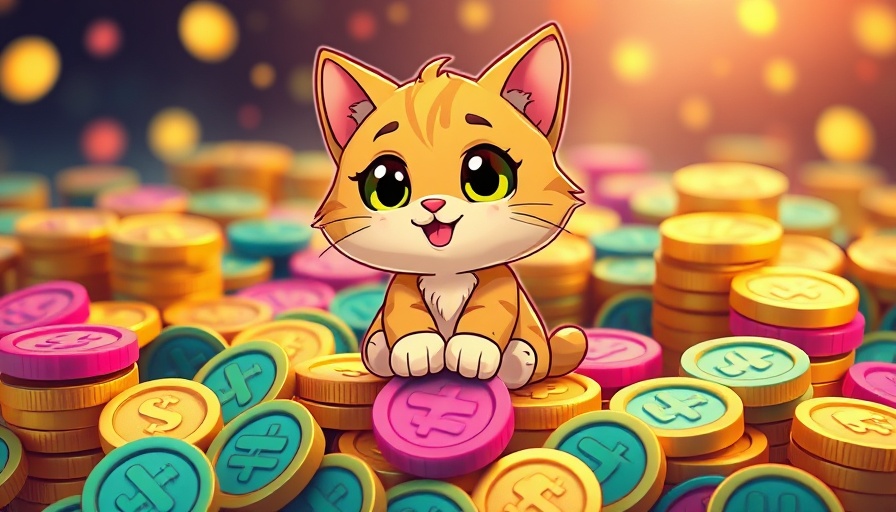 Invest in Meme Coins in 2025: Cute cat with colorful coins background.